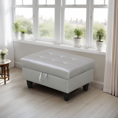 DOMETOUR Modern Semi PU Leather Storage Ottoman for Living Room or Bedroom Silver