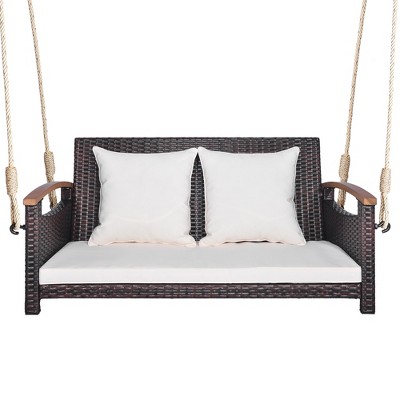 Tangkula 2-seater hanging swing porch swing PE wicker swing outdoor hanging swing garden poolside