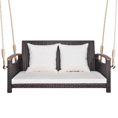 Tangkula 2-seater Hanging Swing Porch Swing Pe Wicker Swing Outdoor ...