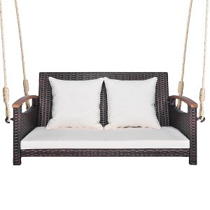 Tangkula 2-seater hanging swing porch swing PE wicker swing outdoor hanging swing garden poolside - 1 of 4