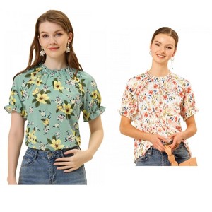 Allegra K Women's Short Sleeve Ruffled Floral Mock Neck Summer Top 2 Pcs - 1 of 4