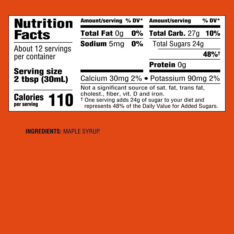 Nutrition label for maple syrup showing 110 calories per 2 tbsp serving, with 0g total fat, 5mg sodium, 27g total carbohydrates, 24g total sugars, 0g protein, 30mg calcium, and 90mg potassium.
