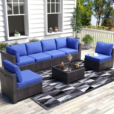 Whizmax 7-Piece Modular Patio Set - PE Rattan Sectional Sofa with Thick Cushions & Glass Coffee Table, Outdoor Furniture for Garden, Balcony, Porch