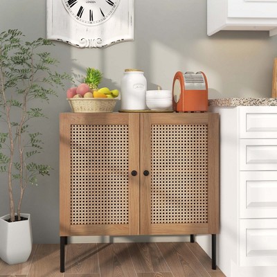 Oak and Rattan Adjustable Shelf Sideboard Cabinet