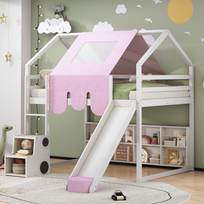 JUJABU Full Size Wooden Loft Bed with Slide, Tent House Frame, Built-In Ladder and Storage Shelves