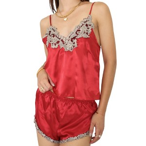 Anna-Kaci Lounge Women's Satin Pajama Set with Embroidered Lace Trim Cami Top and Elastic Waist Shorts - 1 of 4