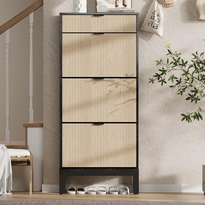 Shoe Cabinet with 3 Flip Doors & 1 Drawer, Modern Fluted Shoe Organizer for Entryway,Hallway(Black+Grey)