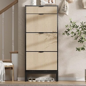 Shoe Cabinet with 3 Flip Doors & 1 Drawer, Modern Fluted Shoe Organizer for Entryway,Hallway(Black+Grey) - 1 of 4
