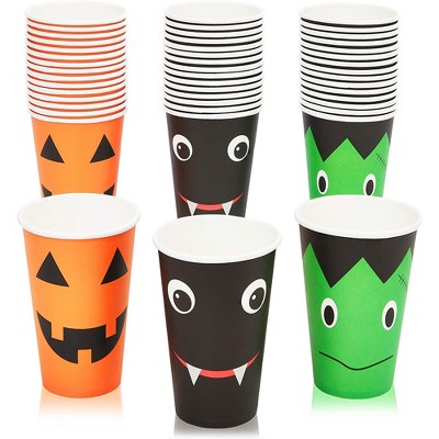 Spooky Central 48 Pack Halloween Paper Cups, Pumpkin, Vampire Bat, Frankenstein for Party Supplies, Spooky Halloween Decor (12 oz)
