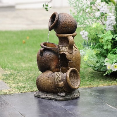 Rustic Brown Resin Tiered Urns Outdoor Fountain with LED Lights