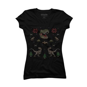 Junior's Design By Humans Ugly Dino Christmas Sweater By AnotheHero T-Shirt - 1 of 3