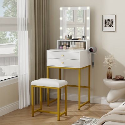 ELECWISH 19.7" White & Gold Vanity Desk Set with LED Mirror & Stool - Adjustable Height, 3-Way Lighting, 2 Drawers, Blow Dryer Holder