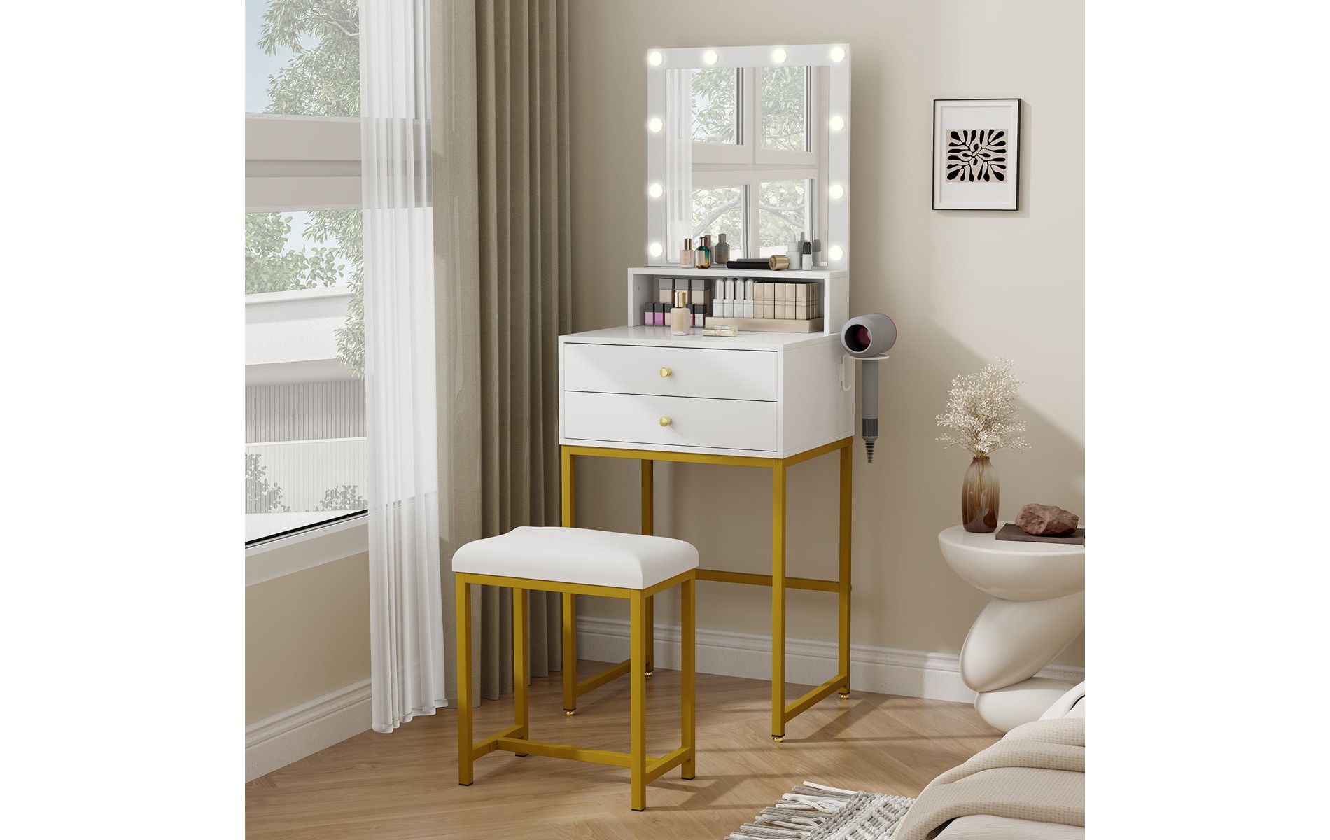 ELECWISH 19.7" White & Gold Makeup Vanity Desk Set with LED Mirror & Stool - Adjustable Height, 3-Way Lighting, 2 Drawers, Blow Dryer Holder