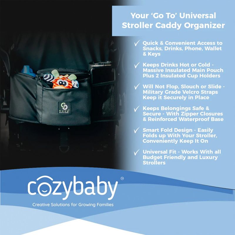 Cozy Cover CozyBaby Stroller Organizer Universal Insulated Storage Caddy Basket with 2 Insulated Cup Holder Carriers and Zippered Pouches, Black, 4 of 7