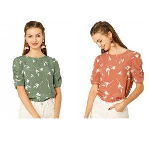 Allegra K Women's Floral Summer Crew Neck Casual Shirred Short Sleeve Blouse 2 Pcs - 1 of 4