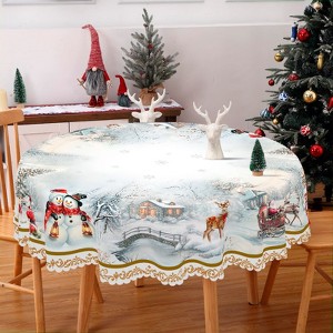 Christmas Tablecloth, Blue Snowman Snowflake Tablecloth, Washable Tablecloth for Winter Christmas Party Home Kitchen Decoration - 1 of 4
