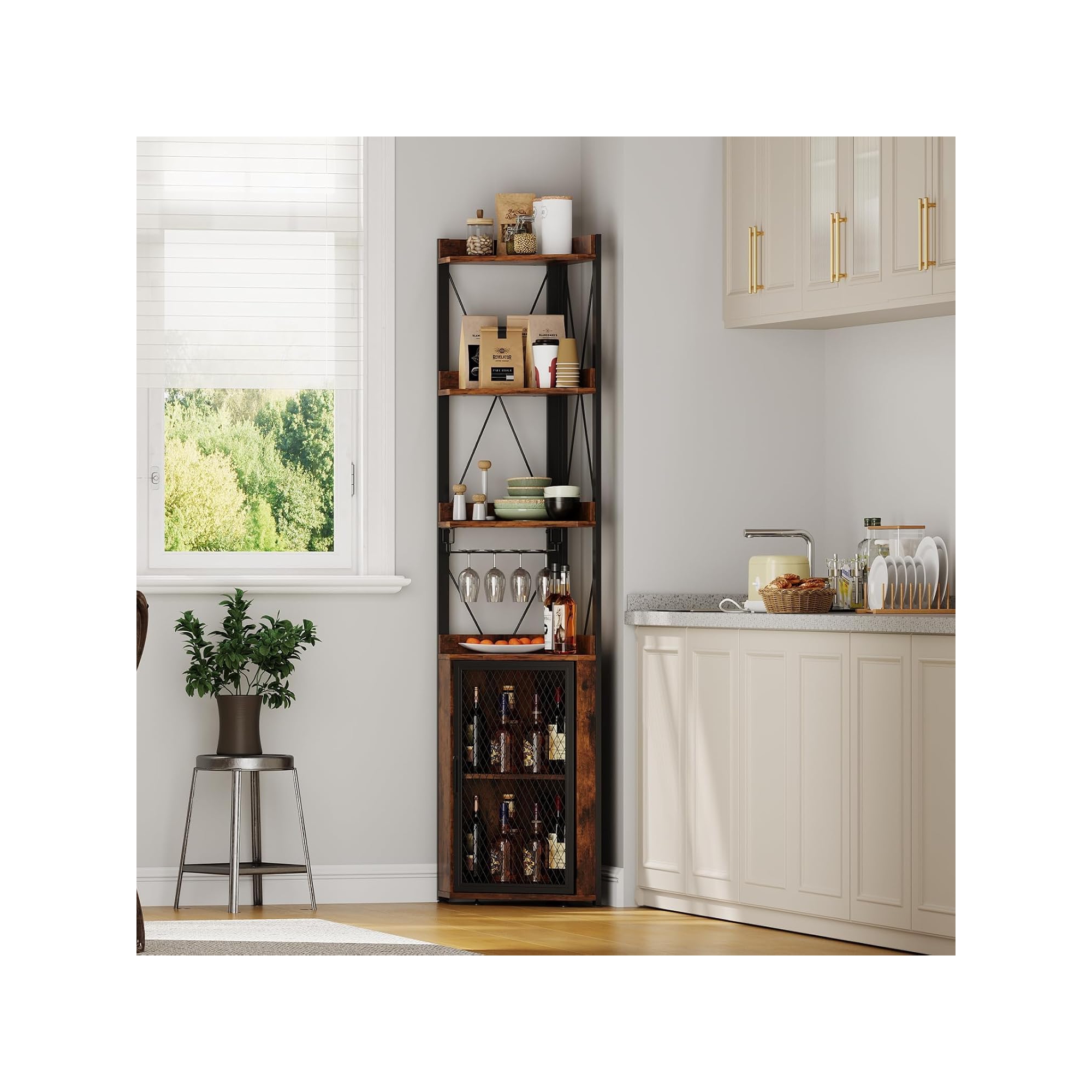 69" Tall Corner Bar Cabinet with Wine Rack & Glass Holder, Farmhouse Liquor Cabinet with 5-Tier Shelves, Barn Door Storage Unit, Brown