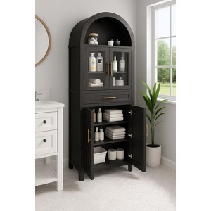 Airsurfer 71" Tall Arched Kitchen Pantry Cabinet with Glass Doors, Adjustable Shelves, Drawer & Barn Door Storage - 1 of 4