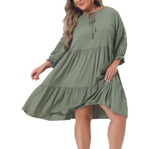 Agnes Orinda Women's Plus Size Flowy Casual Tie V Neck Lace Sleeve Ruffle Hem Midi Babydoll Dresses - 1 of 4