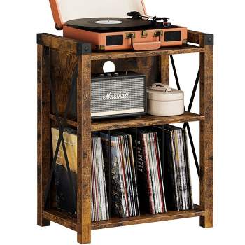 Trinity Farmhouse Wooden Turntable Stand with X Metal Frame, 3-Tier Rustic Record Player Side Table for Living Room, Bedroom, Office