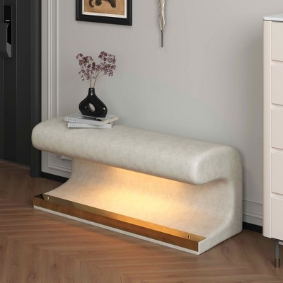 MAYEERTY Leather Upholstered Entryway Bench, LED Sensor Light Ottoman, Living Room Bedroom End of Bed