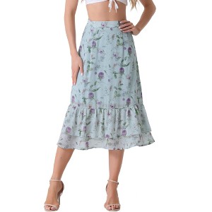 INSPIRE CHIC Women's Chiffon Elastic Waist Ruffle Tiered Flowy Midi Floral Printed Skirts - 1 of 4