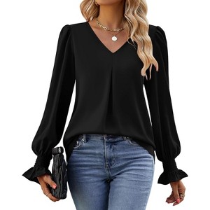 Women's Long Sleeve Tops Dressy Casual V Neck Tunic Shirts Loose Chiffon Work Blouse - 1 of 4