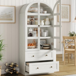 72" Tall Arched Kitchen Pantry Cabinet, Farmhouse Wood Pantry Storage Cabinet with 2 Large Drawers & Glass Door - 1 of 4
