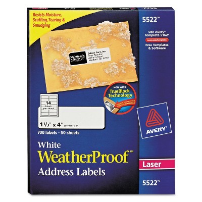 Avery WeatherProof Addess Labels w/TrueBlock Laser White 1 1/3 x 4 700/Pack 5522