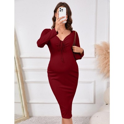 Maternity Ribbed Knit Dress V Neck Adjustable Drawstring Halter Tie Long Sleeve Side Slit Midi Dress For Baby Shower
