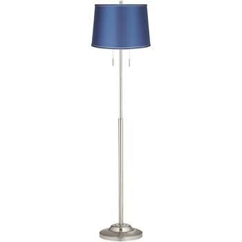 360 Lighting Abba Modern Floor Lamp Standing 66" Tall Brushed Nickel Metal Blue Satin Fabric Drum Shade for Living Room Bedroom Office House Home