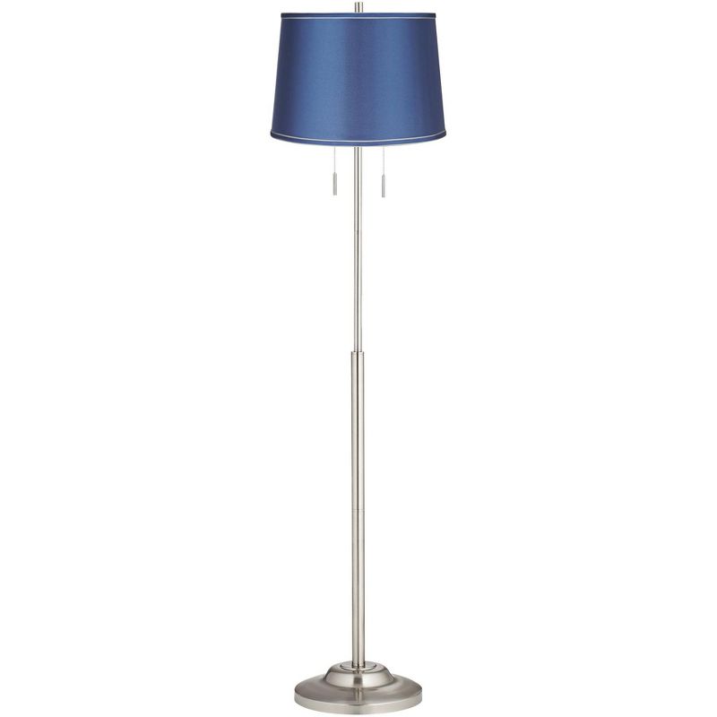 360 Lighting Abba Modern Floor Lamp Standing 66" Tall Brushed Nickel Metal Blue Satin Fabric Drum Shade for Living Room Bedroom Office House Home, 1 of 4