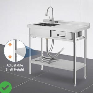 Indoor/Outdoor Freestanding Stainless Steel Utility Sink with Left Workbench & Drawer - 1 of 4