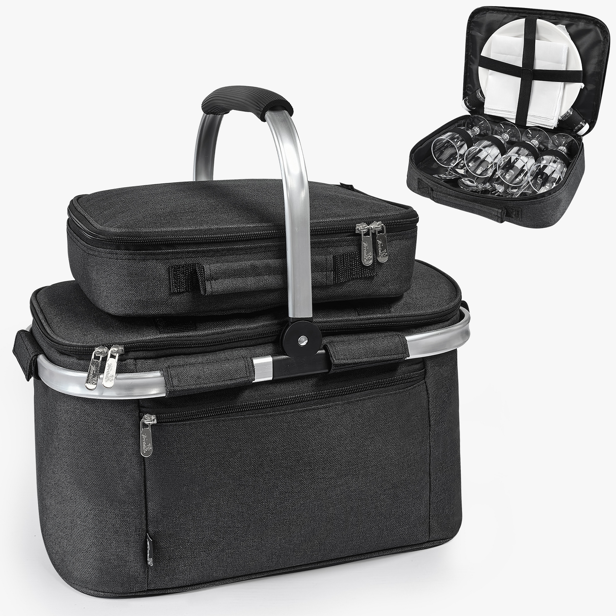 Tirrinia Large Insulated Picnic Basket – 34L Water Resistant & Leakproof Collapsible Cooler, Portable with Cutlery Organizer, Classic Black