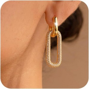 Gold Earrings for Women Trendy, Simple Dainty 14K Gold Plated Paperclip Square Chain Link Dangle Hoops Earrings Pin Stud Huggie Earrings Lightweight - 1 of 4
