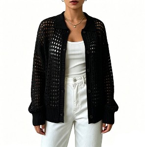 Women Polo Collar Hollow Out Knit Cardigan Button Front Long