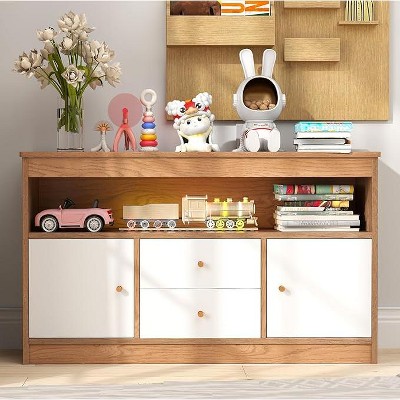 Costzon Toy Storage Organizer, Wooden Kids Bookshelf with 2 Drawers, 2 Cabinets & Open Shelf, Storage for Playroom, Bedroom, Nursery (Natural)