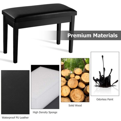 Elegant Solid Wood and Black PU Leather Double Duet Piano Bench with Storage