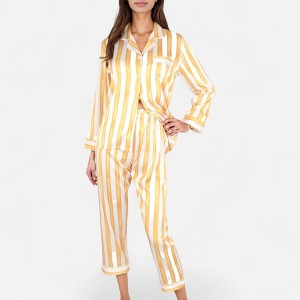 Anna-Kaci Lounge Women's Striped Satin Pajama Set with Long Sleeve Button Top and Cropped Pants - 1 of 4