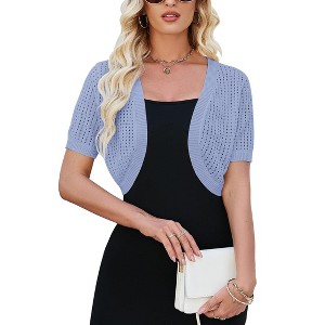 Womens Lightweight Shrugs Short Sleeve Open Front Cropped Cardigan Crochet Knit Sweater - 1 of 4