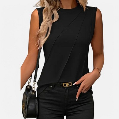 Amaryllis Women's Sleeveless Mock Neck Top Fitted Silhouette Elegant Textured Detailing