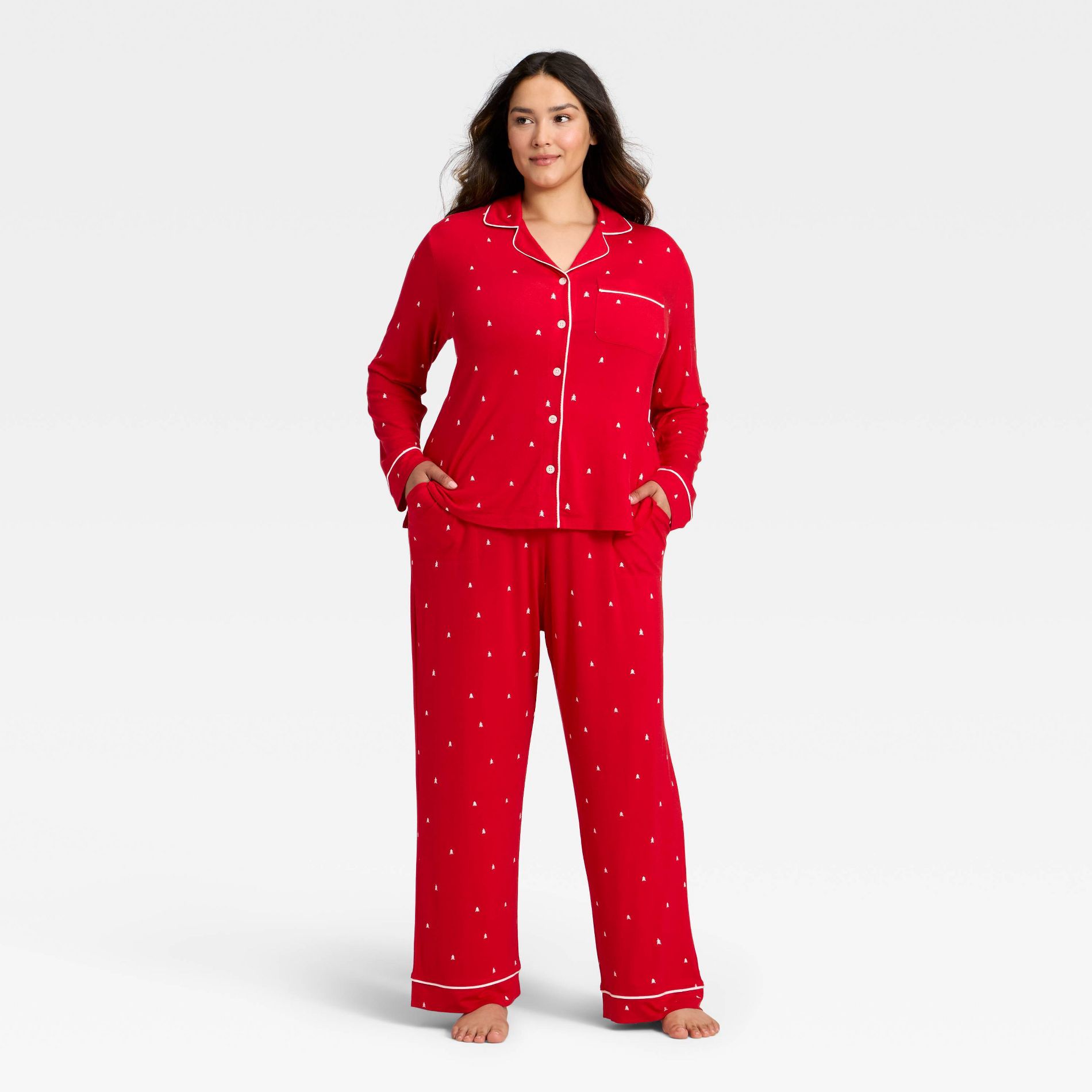 Women's Cloud Knit Modal Long Sleeve Notch Collar Top and Pants Pajama Set - Auden™