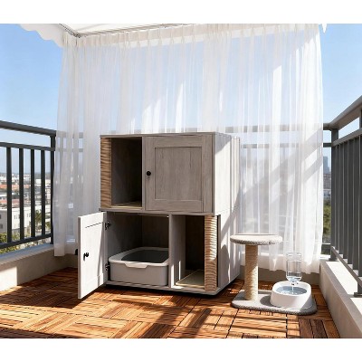 Cat Litter Box Enclosure for 2 Cats-Double Room Hidden Enclosed Furniture with Scratch Posts&Double-Layer Litter Mats