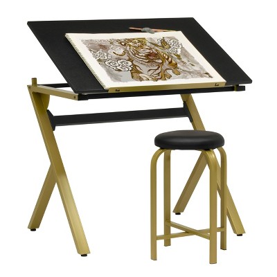 Stellar 36" Black and Gold Adjustable Drawing Table with Padded Stool