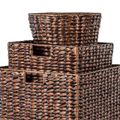 Handwoven Dark Brown Hyacinth Storage Basket Set with Iron Frame