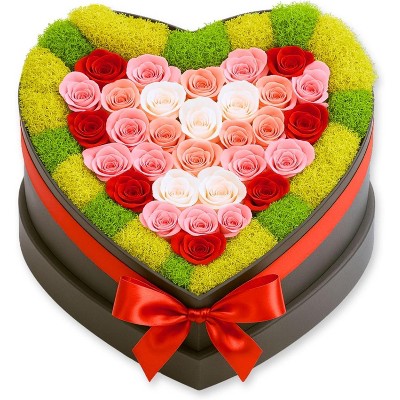 Moss Heart Petite 30 Preserved Roses with Moss – Eternal Flowers in Heart Gift Box, Romantic Décor Gift, Multi Pink