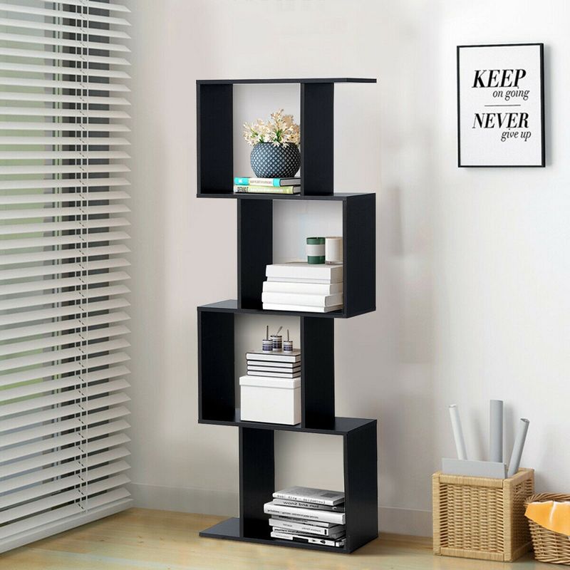 Costway 4-tier S-Shaped Bookcase Free Standing Storage Rack Wooden Display Decor Black, 4 of 11