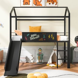 NicBex Twin Size Bunk Bed Classic House Shape Loft Bed Metal Bed Frame with Blackboard, Guardrails, Slide and Ladder, No Box Spring Required - 1 of 4