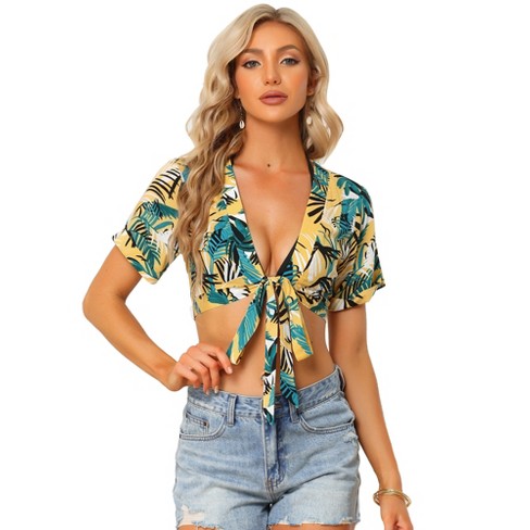 Allegra K Women's Deep V Neck Tie Front Beach Hawaiian Tropical