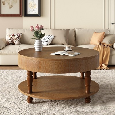 INFURNIC Coffee Tables Modern Round Coffee Table with Dual Storage and Hidden Compartment for Living Room, Brown, 31.5"*31.5"*21.25"